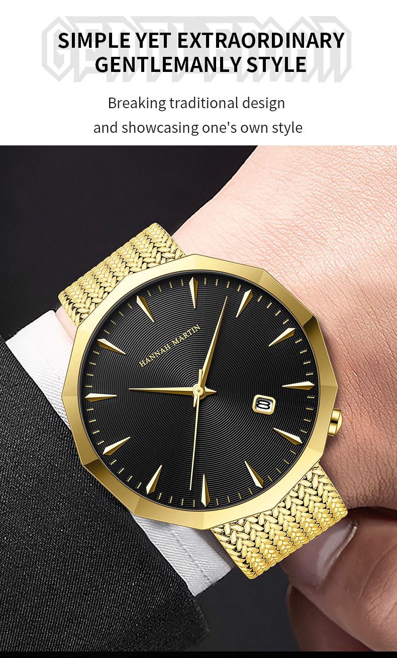Hannah Martin Men's Watch New Stainless Steel Band Men's Watch Casual Simple Calendar Quartz Waterproof Angular Watch_voghion.com