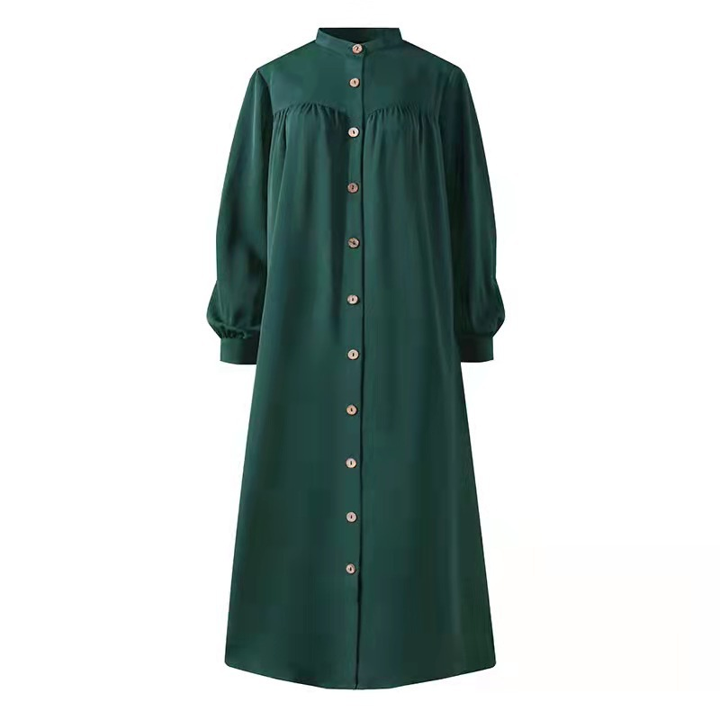 Damenkleid, einfarbig, Langarm, Tasche, Button-Down-Hemdkleid, lässige Robe_voghion.com