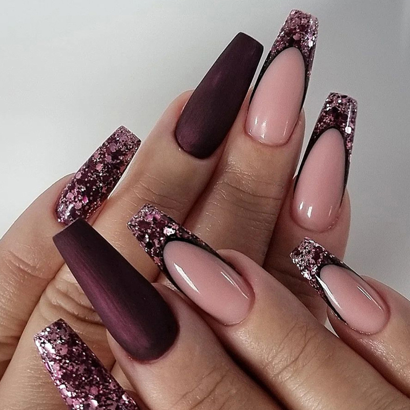 Nagelballett-Kunstnägel, lange T-Flicken, französische Glitzer-Nagelflicken_voghion.com