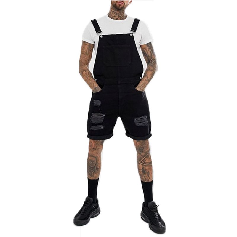 Men's Clothing Retro Men's Denim Ripped Land Edge Shorts One Piece Overalls_voghion.com