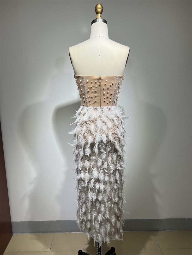Abito da donna con piume, strass, perline, sexy, in prospettiva, con spacco alto, per feste di compleanno e banchetti_voghion.com