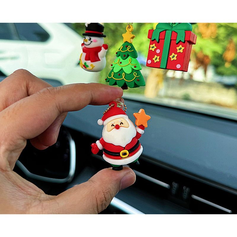 Přívěsek na zpětné zrcátko do auta, roztomilý vánoční dárek se soby, kreativní přívěsek, Santa Claus uvnitř auta_voghion.com