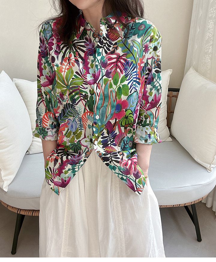 French niche art tropical rainforest plant print loose commuting slimming versatile straight tube long sleeved shirt_voghion.com