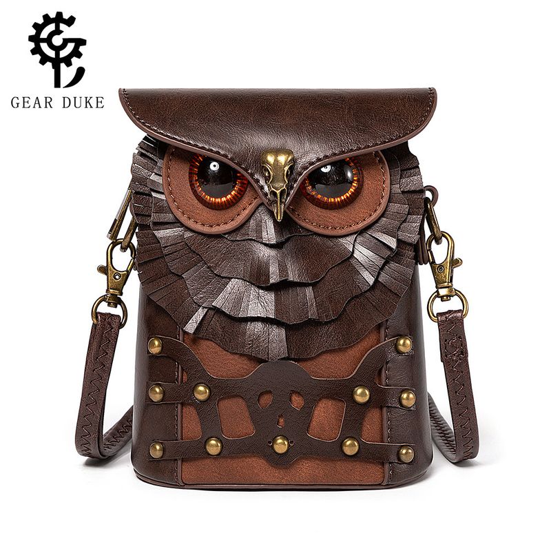 Borsa a tracolla MINI da donna in pelle PU con borchie color-block, stile medievale steampunk, a forma di gufo_voghion.com