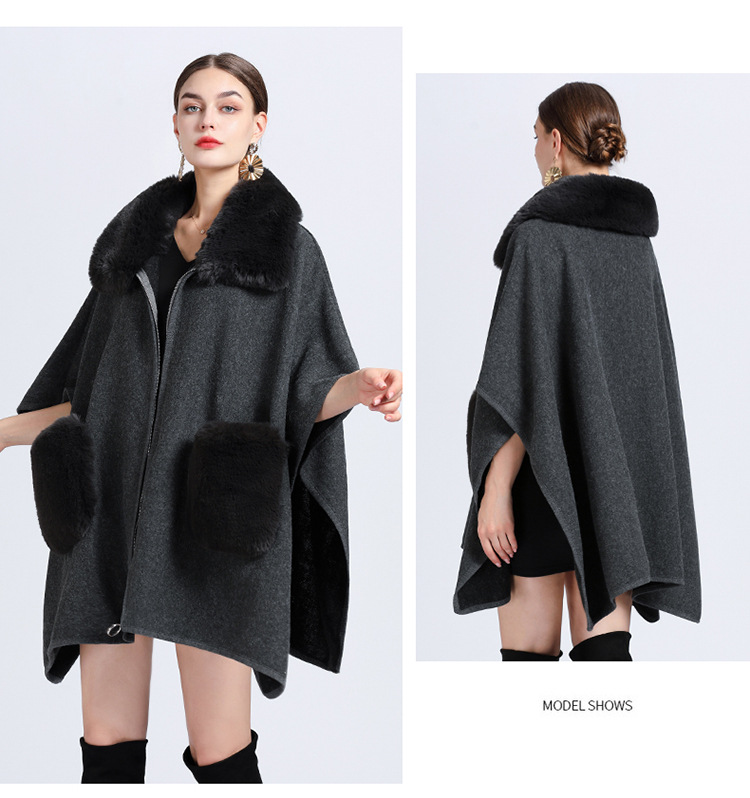 Women's imitation Rex rabbit collar cape cape large size knitted cardigan loose woolen coat_voghion.com