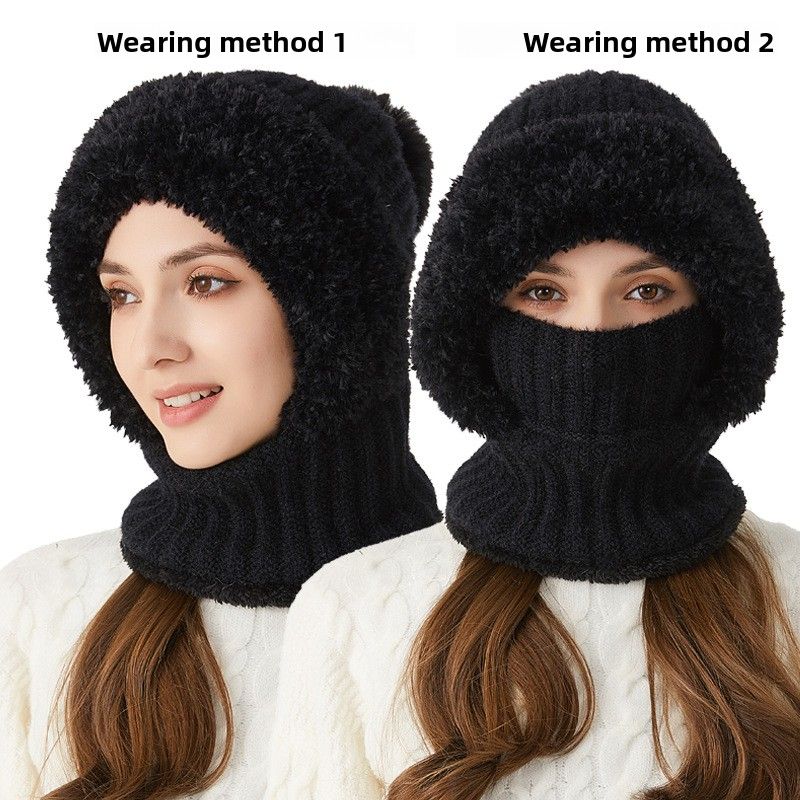 New High Elasticity Solid Color Knitted Scarf Mask One-piece Women Winter Riding Windproof Warm Hat_voghion.com