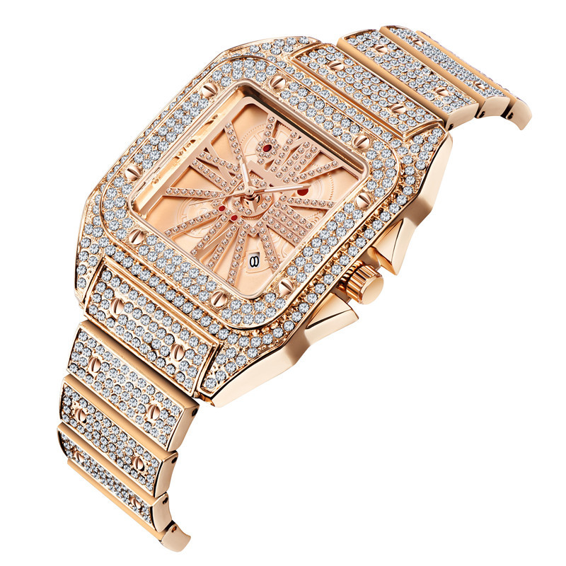 Luxury Hip Hop Men's Gold Watch With Full Diamond Accents, Quartz Movement, Fashionable Square Dial, Alloy Band - Casual & Formal Occasions_voghion.com