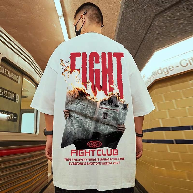 C&J erkekler ve kadınlar için büyük boy bol yarım kollu tişörtler hip-hop bf trend baskı kısa kollu ins moda_voghion.com