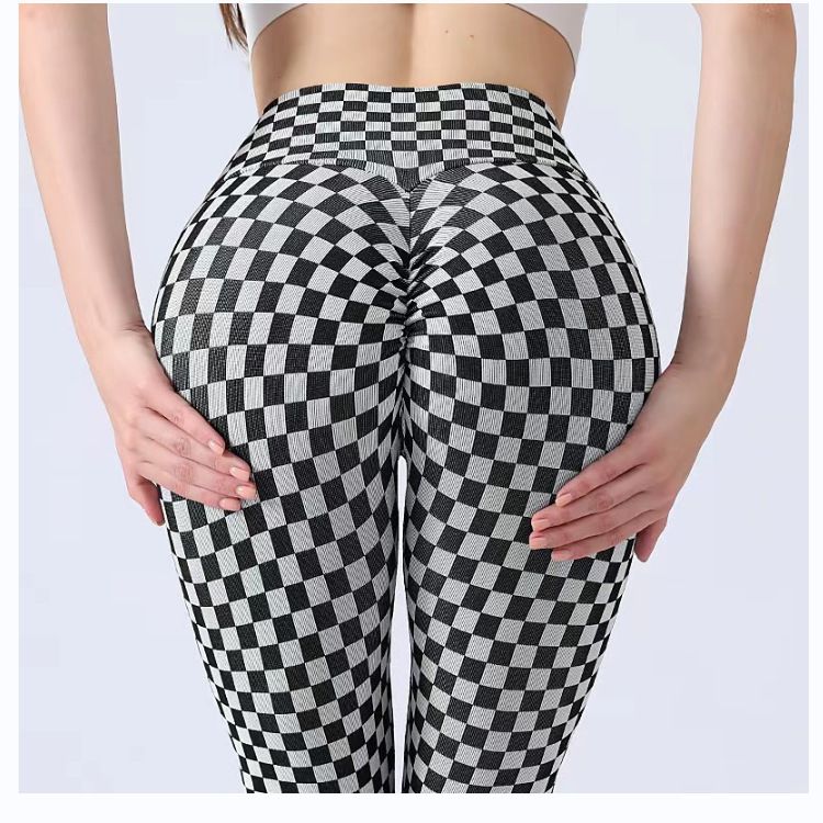 Pantalon de yoga Yiwu à carreaux imprimés multicolores pour femmes, pantalon froissé, rehausseur de hanches, amincissant, à séchage rapide, best-seller_voghion.com