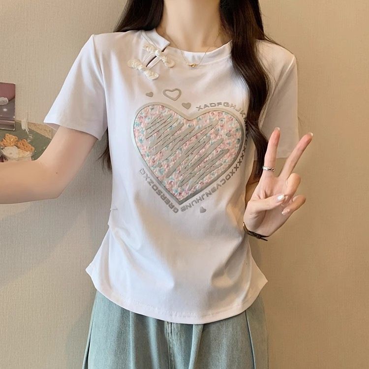 Maglietta a maniche corte stampata in stile cinese con fibbia a piastra per donna 2024 nuova maglietta interna bianca estiva, top snellente_voghion.com