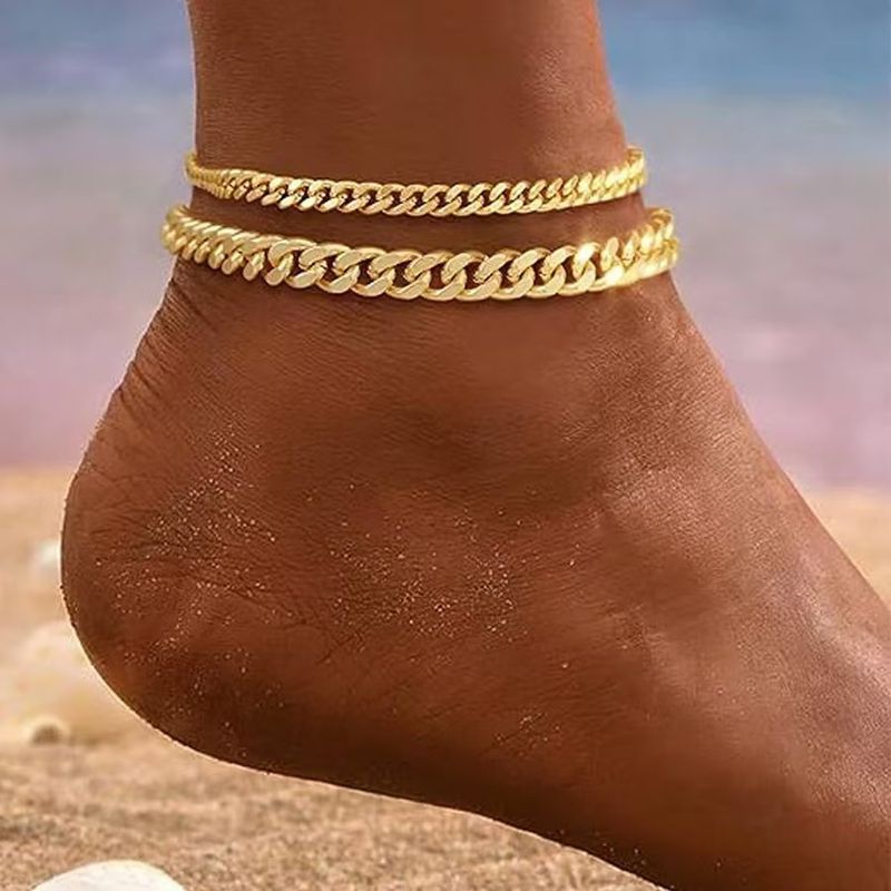 Doppellagiges Fußkettchen für Frauen, kubanische Kette, übertriebene Persönlichkeit, Nische, vielseitiger Strandstil, einfacher Schmucktrend_voghion.com