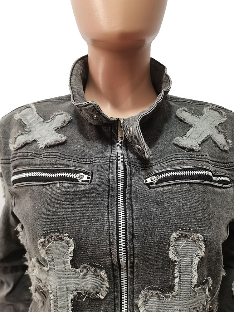 Women's Clothing New Cross Washed And Burned Western Elastic Casual Denim Suit_voghion.com