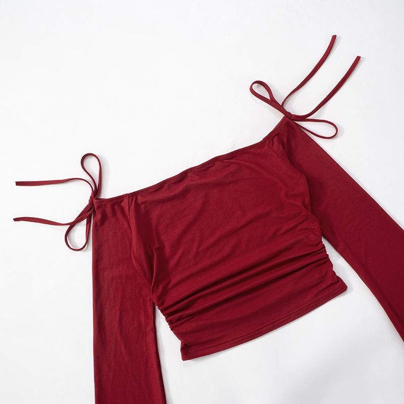 Q24TP650 Women's Autumn/Winter One Word Collar Bow Tie Shrink Fold Short Open Umbilical Top T-shirt_voghion.com