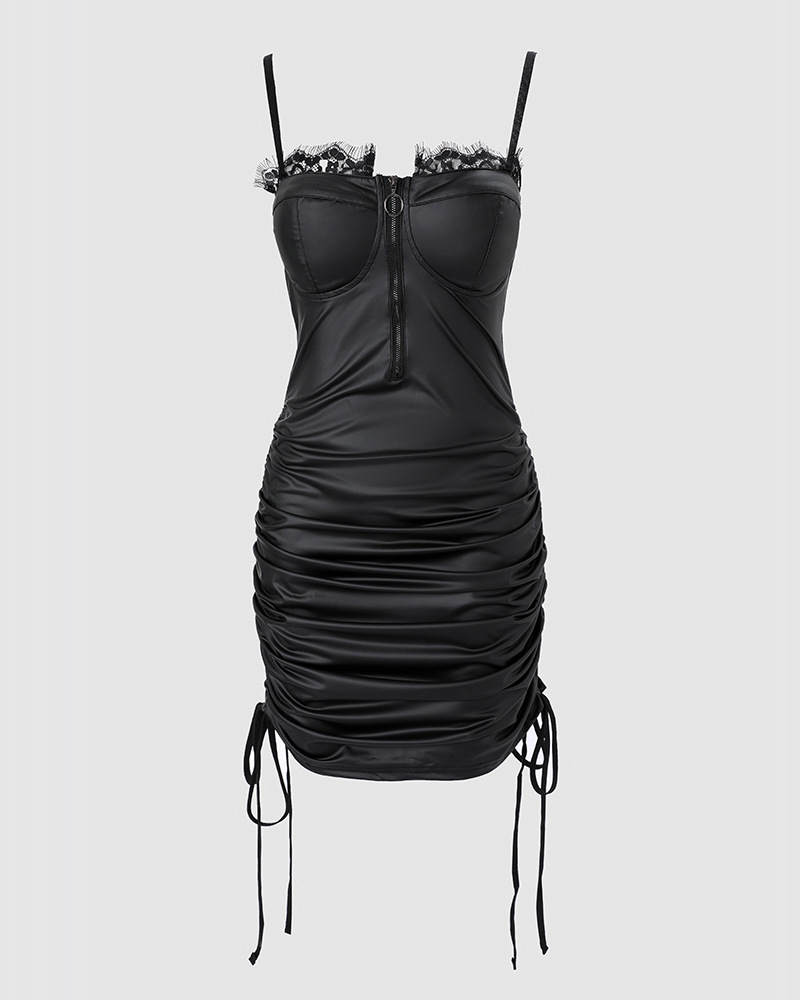 Gonna in pelle a pieghe con cuciture in pizzo, abbigliamento da donna_voghion.com
