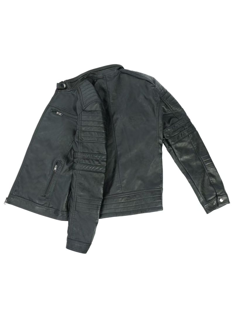 Men's Slim Fit PU Leather Biker Jacket With Multiple Zippers, Stand Collar, Winter Motorcycle Riding Jacket For Teens & Young Adults_voghion.com