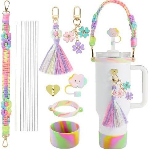 Silicone Grip Daisy Accessory Set 4-Piece Cup Sleeve With Cloud Shaped Straw Lid Colorful Hand Strap Floral Tassel Keychain Fits 16-30oz Tumblers_voghion.com
