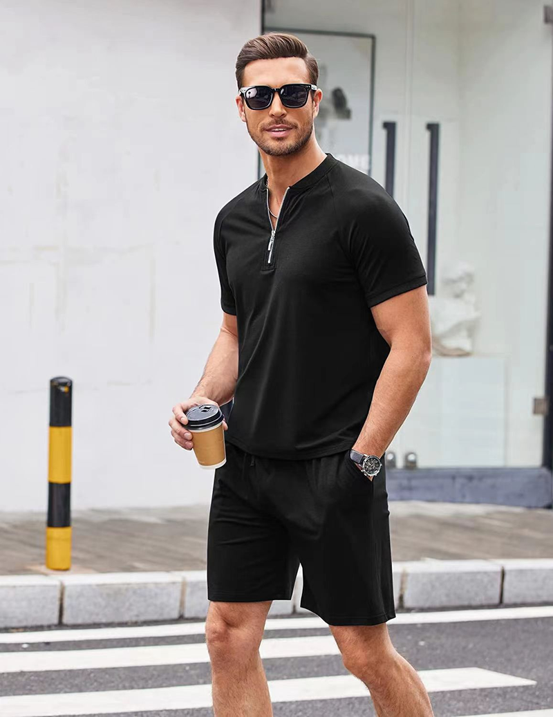 Polo à manches courtes et short pour hommes, ensemble 2 pièces avec fermeture éclair et col rond, couleur unie_voghion.com