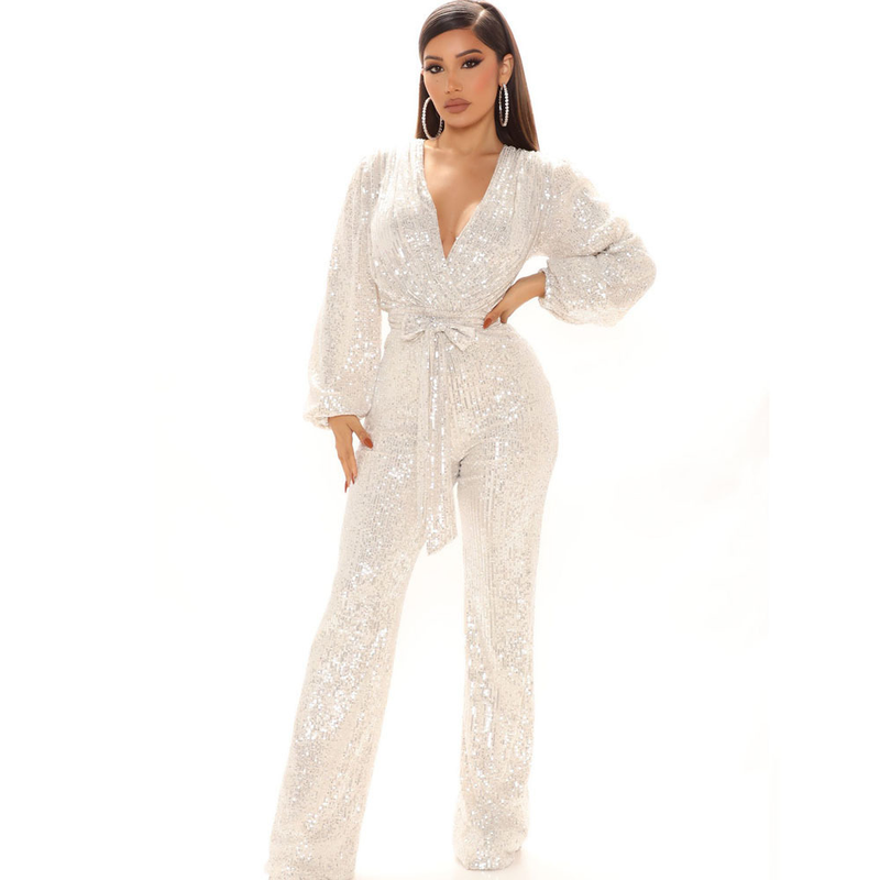 Women's sequined deep V-neck long-sleeved jumpsuit _voghion.com