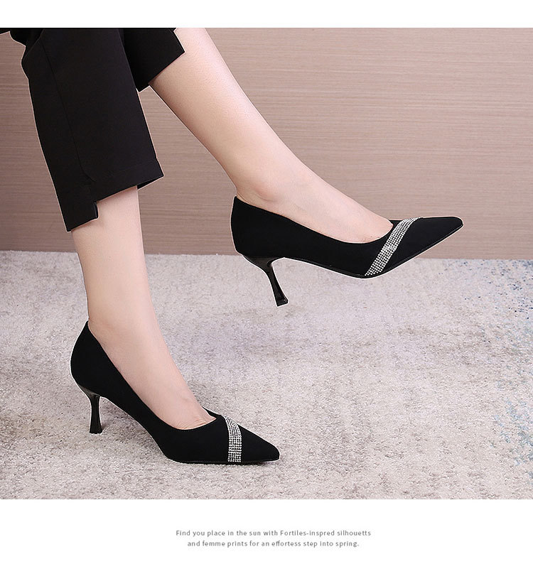 Women's High heels women's new spring and autumn rhinestone French shallow mouth suede pointed toe stiletto single shoes black with dress_voghion.com