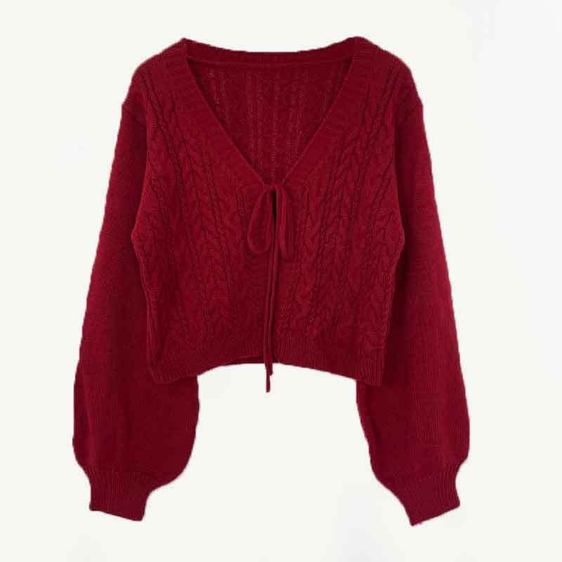 Elegant V-Neck Cable Knit Cardigan With Bow Tie & Lantern Sleeves - Soft Acrylic Blend Women's Sweater For Casual Chic Style (Navy/Black/Red, S-XL)_voghion.com