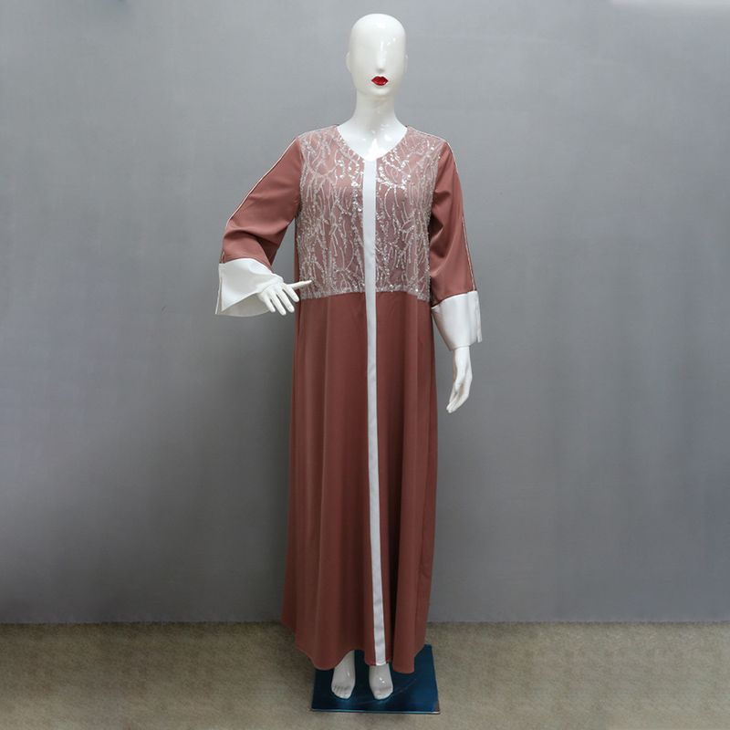 Roupas femininas Vestido muçulmano cetim contraste cor costura lantejoulas saia longa não inclui lenço na cabeça_voghion.com