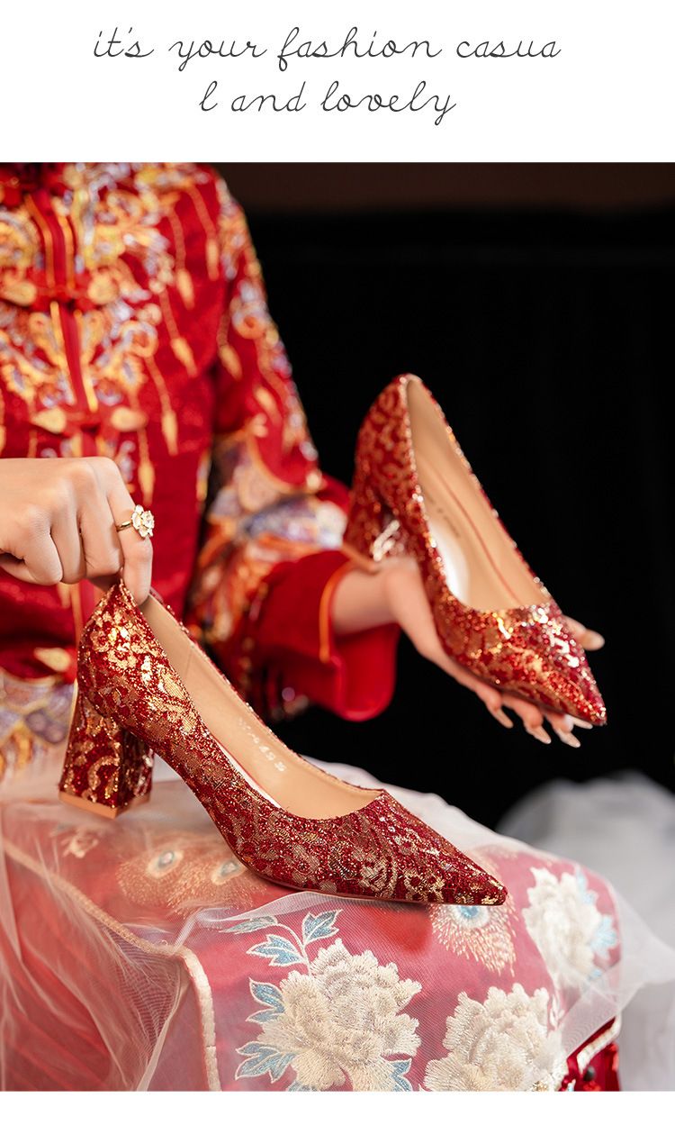 6555F Escarpins à talon compensé et bout pointu pour femme, chaussures de mariage sexy en dentelle française, collection 2025, escarpins à décolleté peu profond_voghion.com