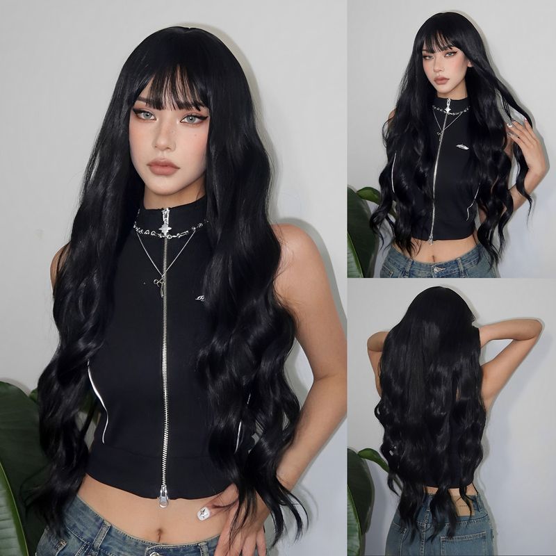 Parrucche sintetiche nere naturali Parrucche lunghe ondulate con frangia Parrucca per capelli quotidiani Cosplay per donne Parrucche in fibra resistente al calore_voghion.com