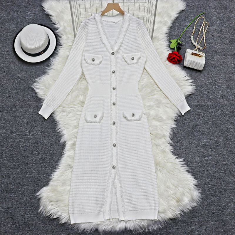 Abito in maglia a maniche corte con scollo a V da donna, temperamento in vita, abito lavorato a maglia_voghion.com
