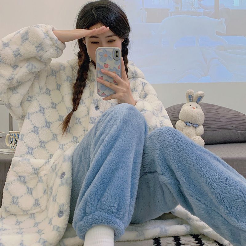 Pigiama da donna in pile corallo, lungo, in flanella spessa e felpata, set da notte_voghion.com