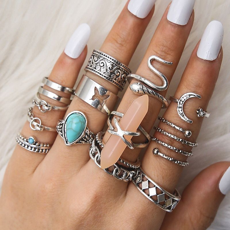 Professional Style Turquoise Ring, Crystal Hexagonal Pillar, Flower Chain, 12 Piece Set Ring_voghion.com