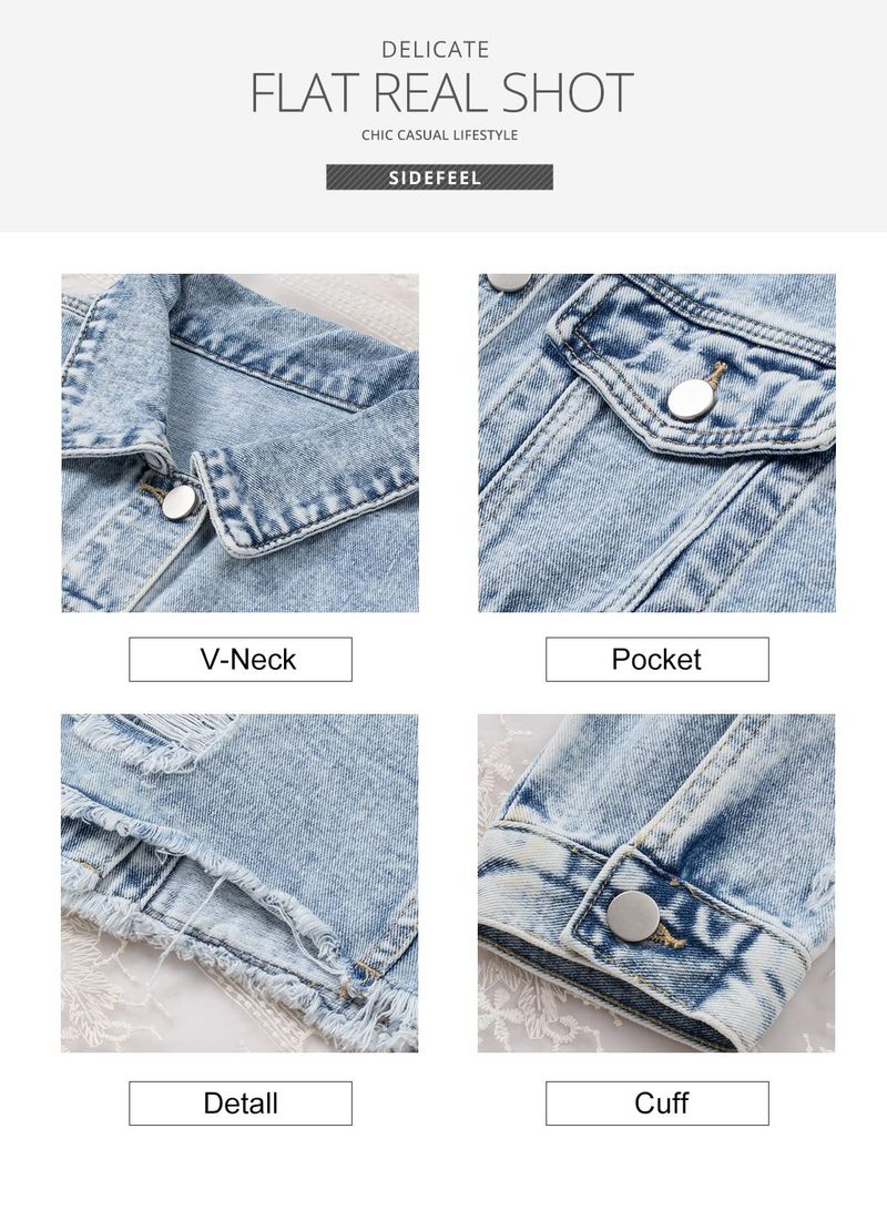 Dameskleding Versleten spijkerjas - Vintage gewassen korte cropped jeansjas met reverskraag en lange mouwen_voghion.com