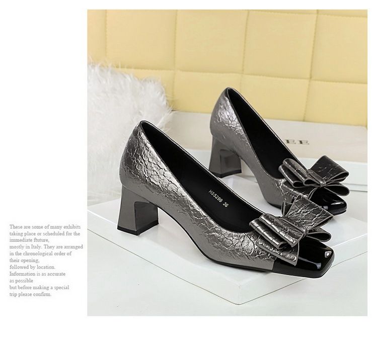5299-H58 Koreanische mode frauen schuhe, dicken mittleren ferse, flach mund spleißen, platz farbe blockiert kappe, bogen,_voghion.com