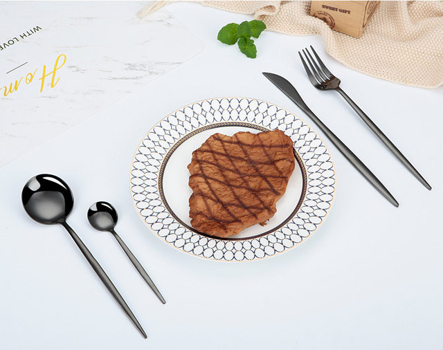 24-teiliges Edelstahl-Geschirr-Set, Schwarzgold, Besteck, Löffel, Gabel, Messer, westliches Besteck, Besteck, Geschirrzubehör_voghion.com