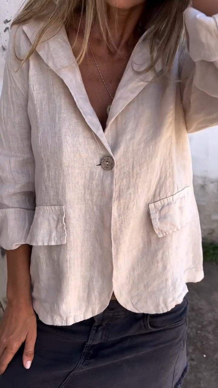Blazer piccolo in cotone e lino, versatile, taglie forti, tinta unita, con bottoni, a maniche lunghe, primavera e autunno 2025_voghion.com