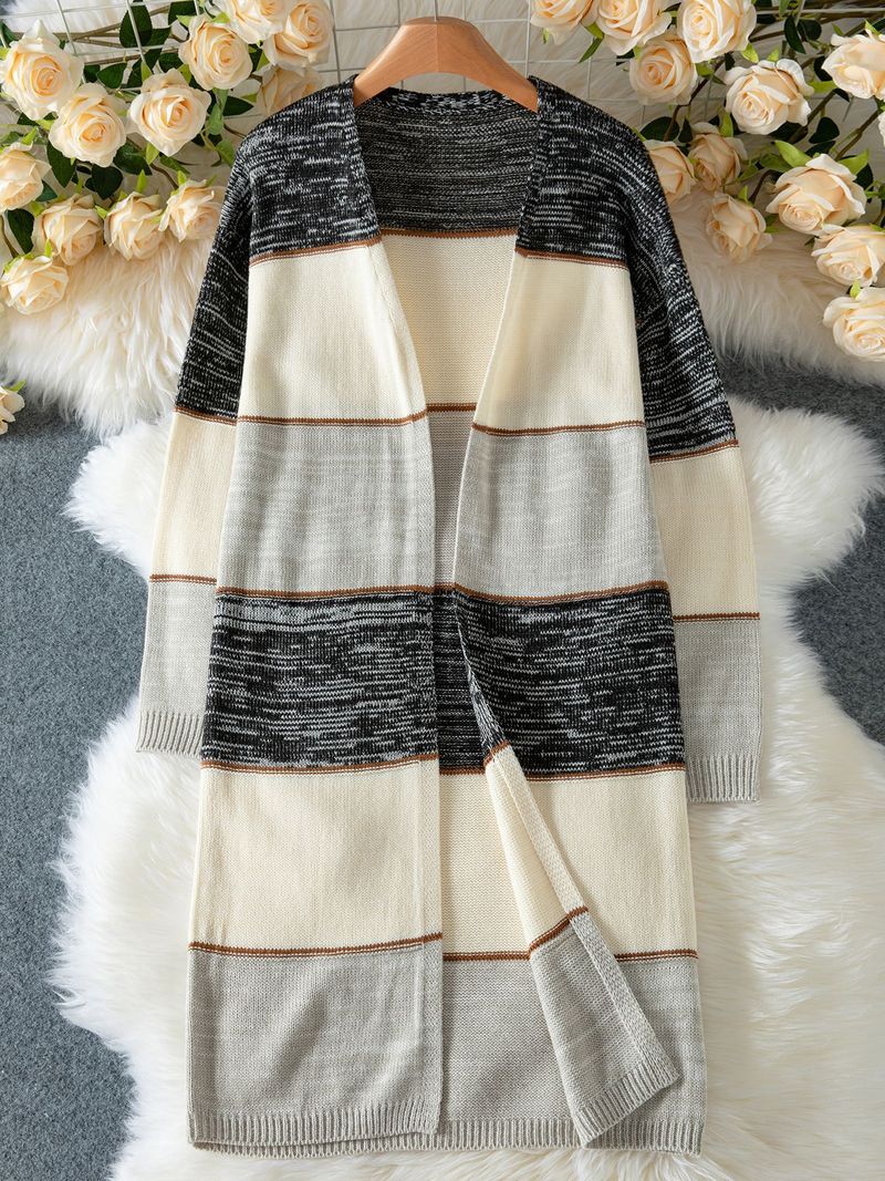 Women's Longline V-Neck Cardigan - Stripe & Color-Block Open Front Knit Sweater (Gray)_voghion.com