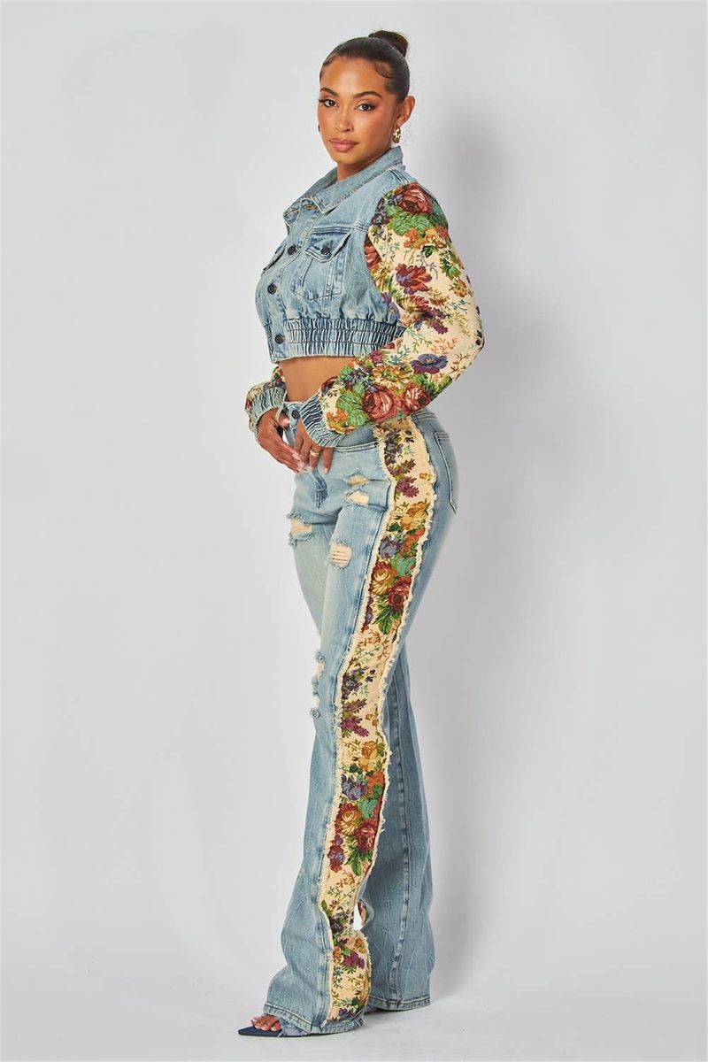 Moda feminina roupas estampadas cor combinando jaqueta jeans jeans terno de duas peças_voghion.com