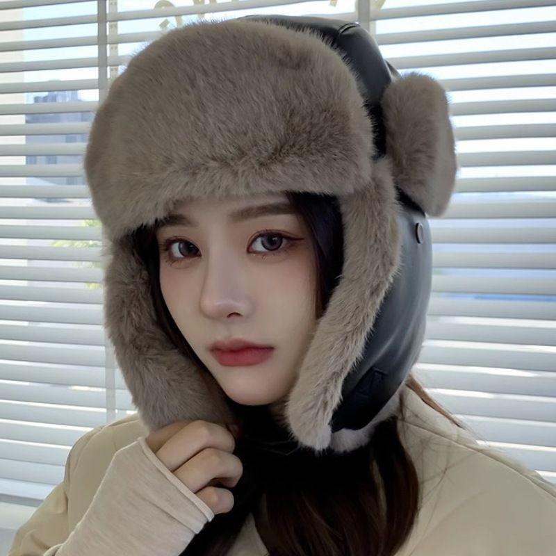 Lei Feng in pelle da donna in inverno, cappello protettivo per le orecchie da ciclismo caldo, morbido e resistente al freddo, alla moda, antivento_voghion.com