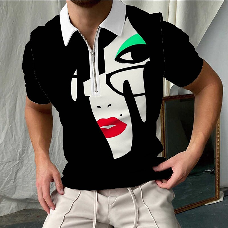 T-shirt con risvolto da uomo con stampa 3D a lettere 3D, polo casual da uomo, a maniche corte, stile atletico_voghion.com