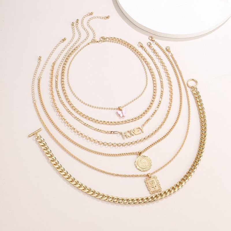 New Creative Simple Elegant Women's HONEY Rose Flower Butterfly Necklace 7-Piece Set Gold_voghion.com
