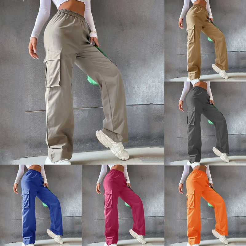 hot selling Womens Cargo Elastic High Waist Trousers Straight Joggers Outfits Baggy Wide Leg Sweatpants Oversized Pants_voghion.com