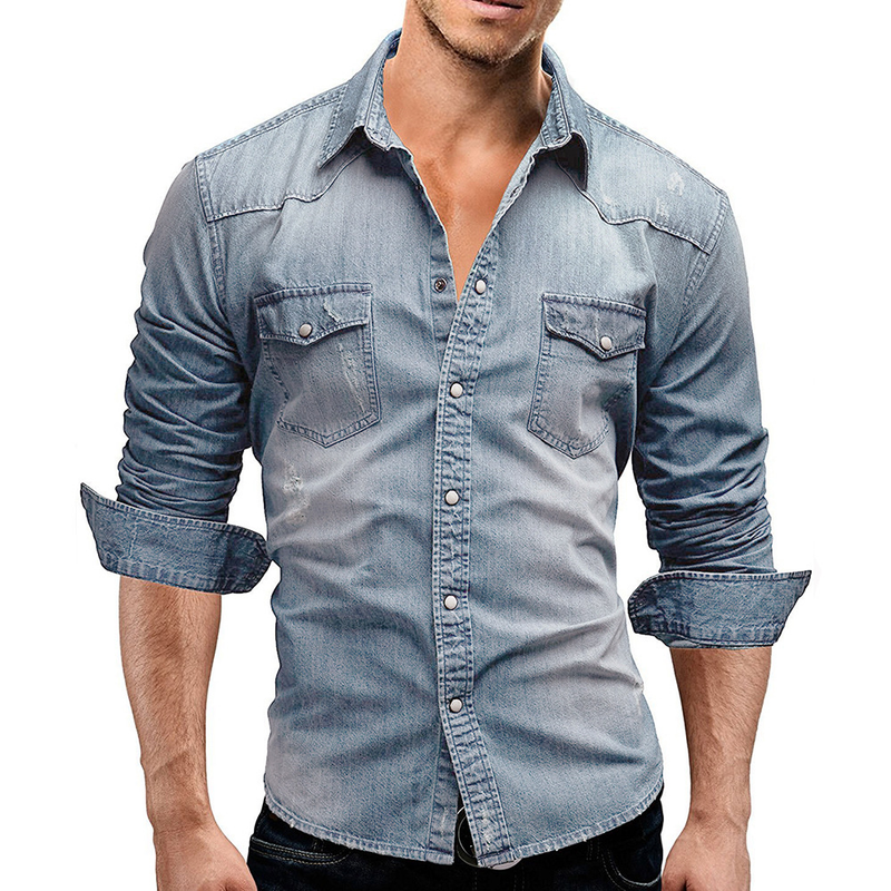 2020 Frühlingsmode Vier Jahreszeiten Modell Doppeltasche Herren Casual Langarm Jeanshemd 3011_voghion.com