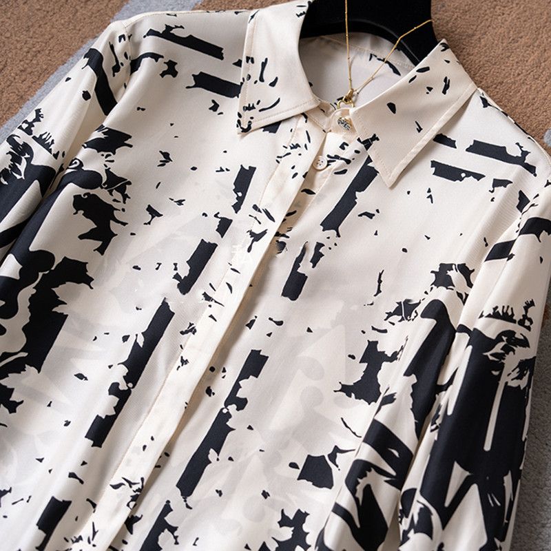 Camicia in seta di gelso a maniche lunghe con lettere abbinate ai colori, per abbigliamento da donna_voghion.com