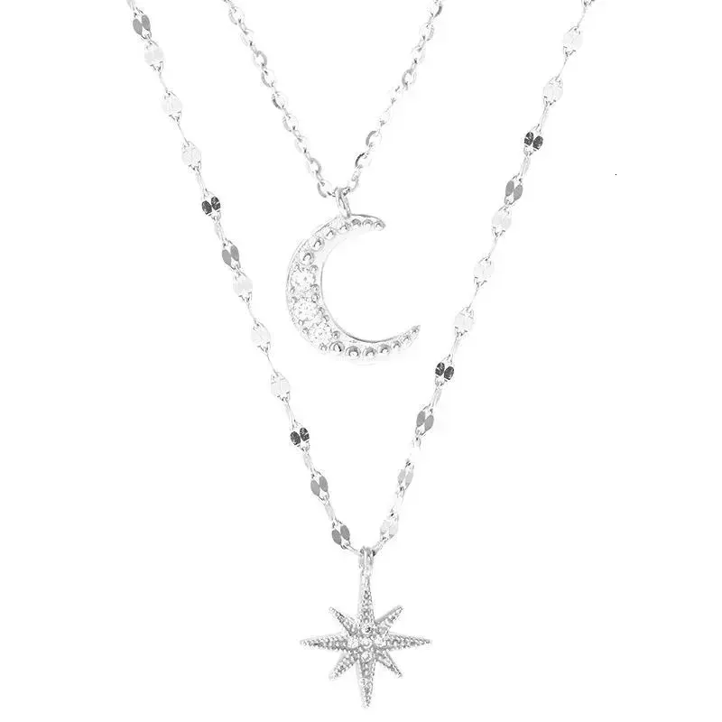 Collier pendentif étoile et lune en argent 925 pour femme, double couche, avec zircon. Chaîne raffinée et élégante. Bijou tendance à offrir._voghion.com