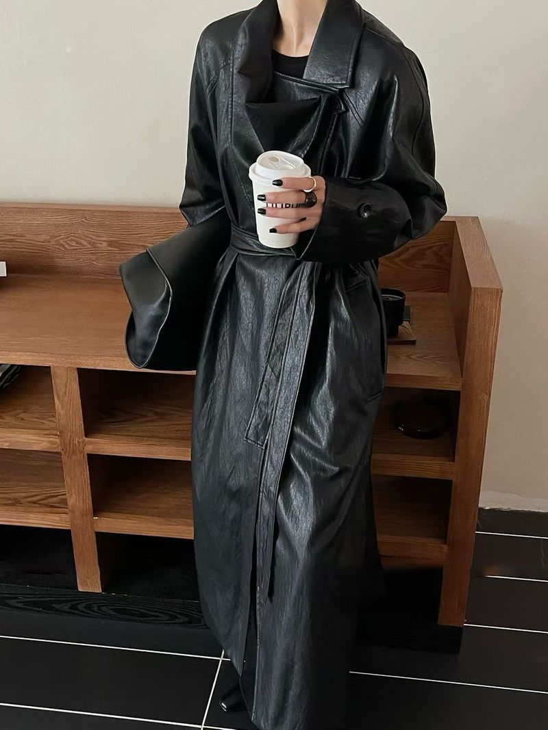 Trench vintage in similpelle per donna - Giacca a vento lunga e ampia con cintura e revers, effetto snellente_voghion.com