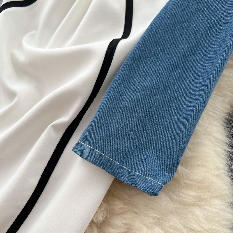 Abito con cappuccio in denim vintage patchwork - Abito midi casual ed elegante da donna, vestibilità slim, vita alta, maniche lunghe, stile pullover_voghion.com