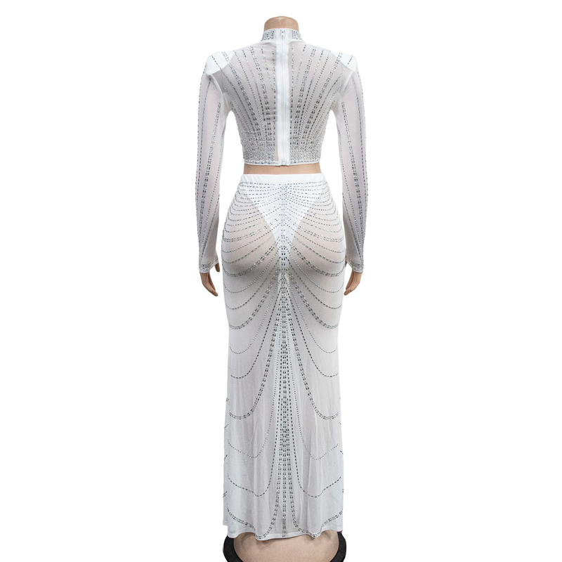 Kadın Giyim Mesh Mesh See Through Uzun Kollu Uzun Etek İki Parça Set_voghion.com