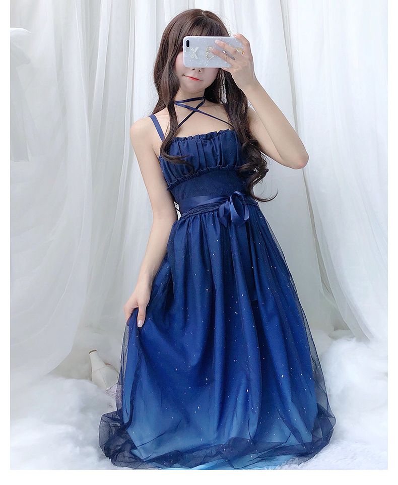 Lolita Summer Dress With Gradient Starry Sky Print - Cute JSK Sleeveless Dress With Mesh Overlay For Kawaii Fashion_voghion.com
