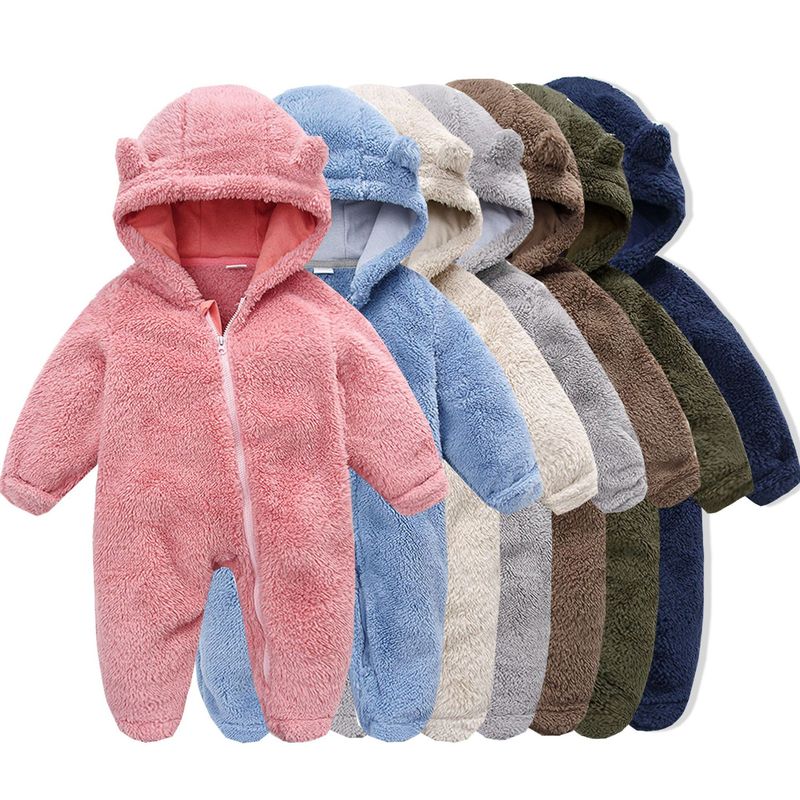 Soft Fleece Hooded Baby Jumpsuit With Mittens - Unisex Cartoon Style Infant Romper For Newborns - Cozy Zipper Closure, Long Sleeve, Neutral Colors_voghion.com