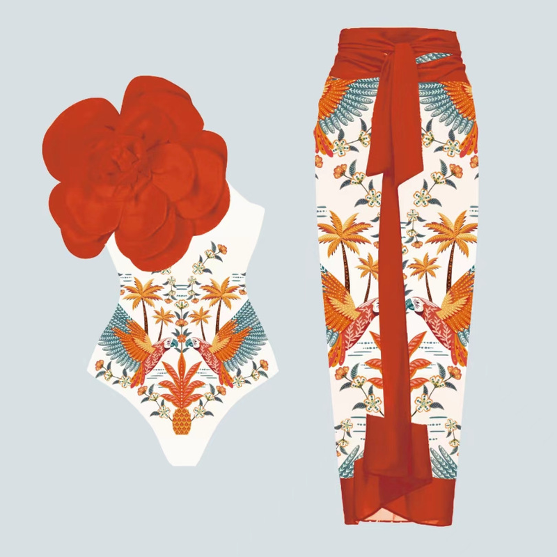 One Piece Swimsuit Female 3D Large Flower Decoration Print Swimsuit Suit Female Cross Border 2529_voghion.com