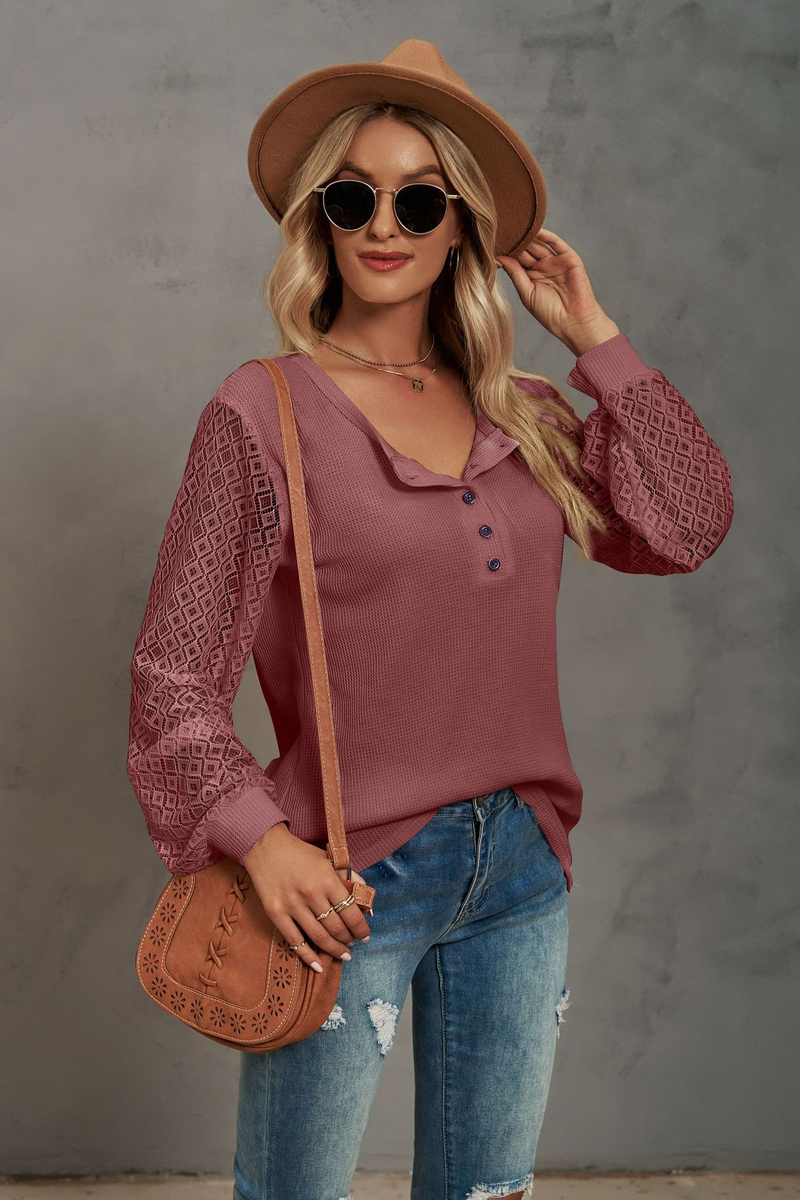 Women's Clothing Casual Waffle Grace Panel Long Sleeve Button T-shirt Top_voghion.com